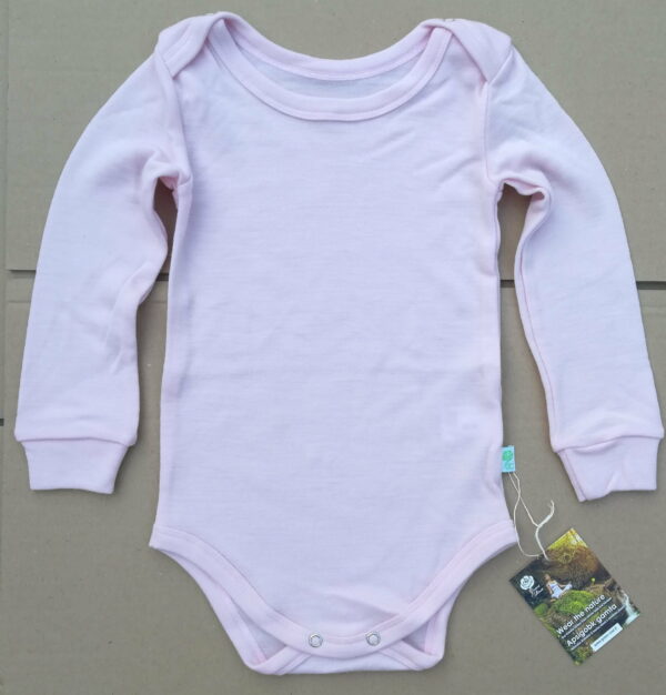 Body cu maneca lunga baby pink din lana merinos organica pentru bebelusi Green Rose