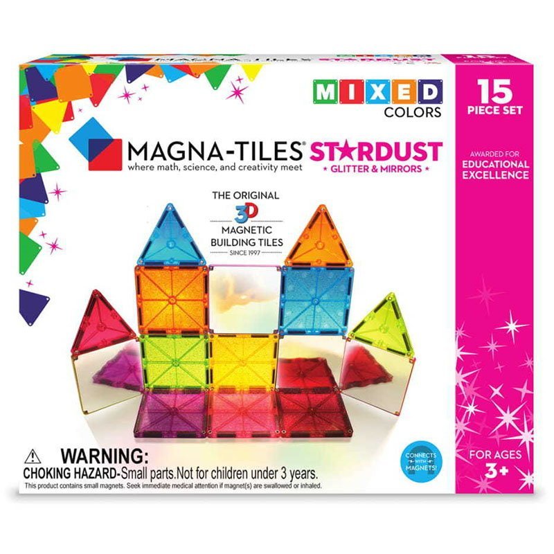 Magna-Tiles Set 15 piese magnetice de constructie colorate cu sclipici si oglinzi Stardust