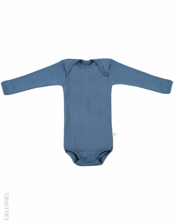 Body cu mânecă lungă albastru din lână merinos organică rib pentru bebeluși Dilling