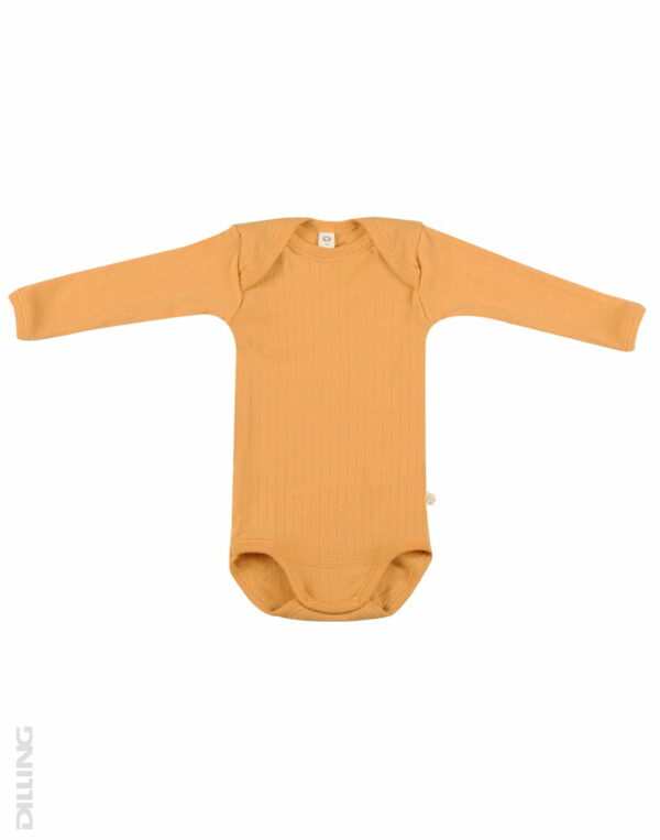 Body cu mânecă lungă galben din lână merinos organică rib pentru bebeluși Dilling