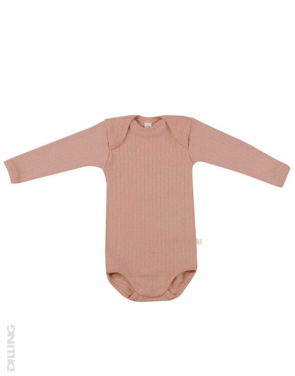 Body cu mânecă lungă roz din lână merinos organică rib pentru bebeluși Dilling