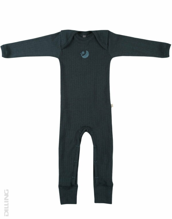 Salopetă – pijama overall petrol din lână merinos organică rib pentru bebeluși Dilling