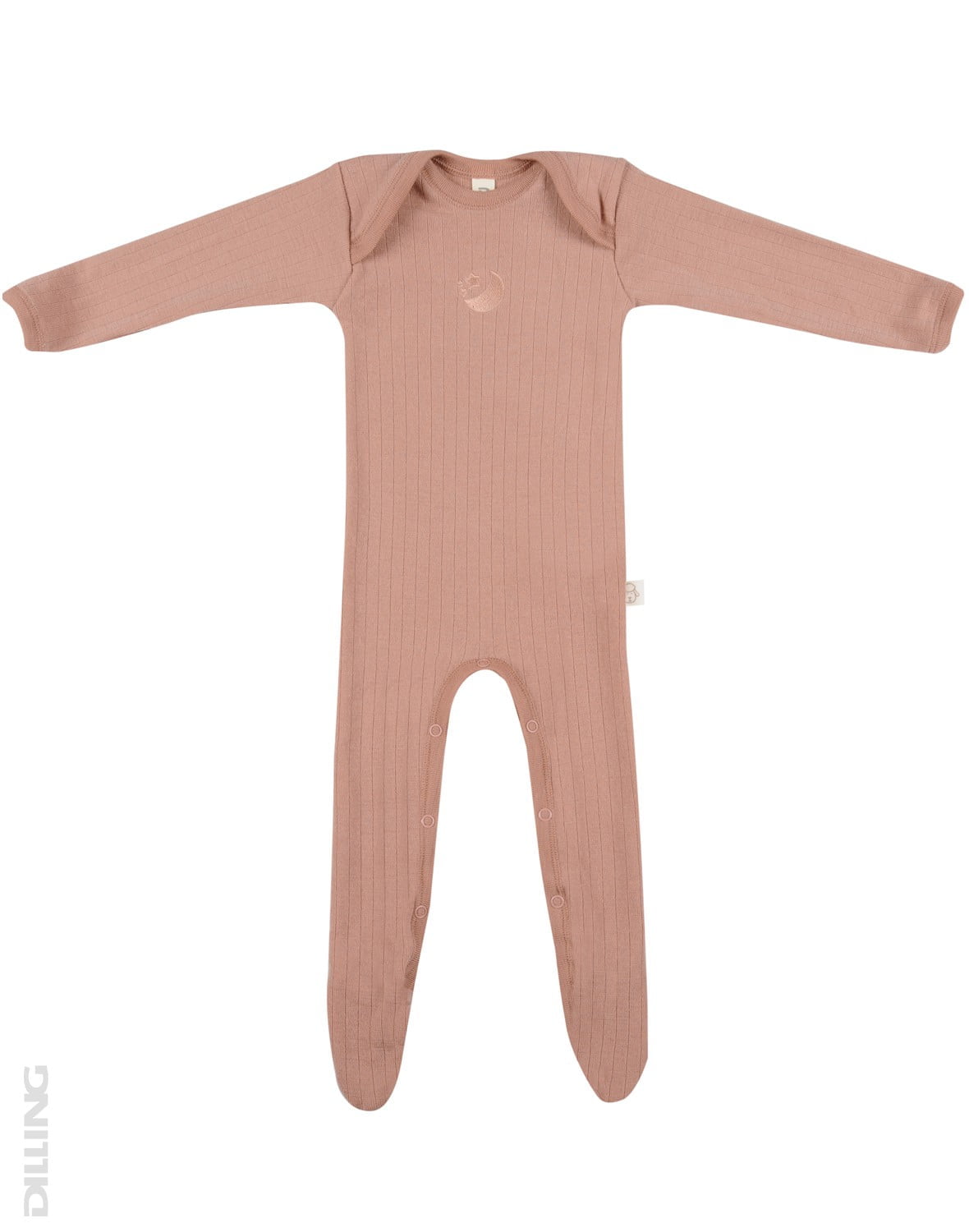 Salopetă – pijama overall roz pudrat din lână merinos organică rib pentru bebeluși Dilling