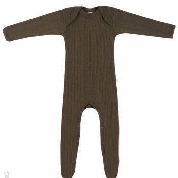 Salopetă – pijama overall chocolate brown din lână merinos organică rib pentru bebeluși Dilling