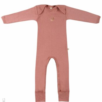 Salopetă – pijama overall dark pink din lână merinos organică rib pentru bebeluși Dilling