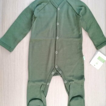 Salopetă – pijama overall din lână merinos organică pentru bebeluși dark moss Green Rose