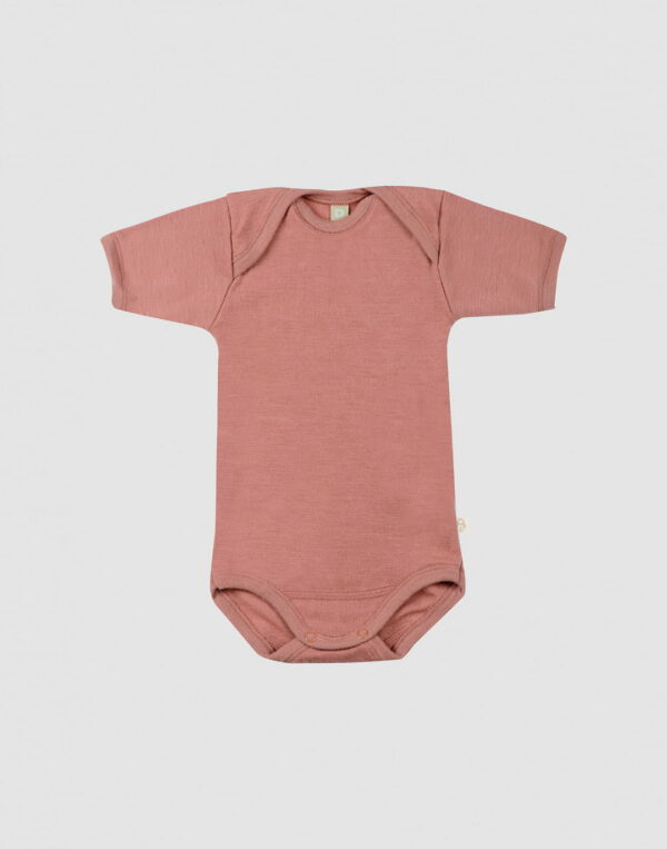 Body cu mânecă scurtă dark pink din lână merinos organică pentru bebeluși Dilling