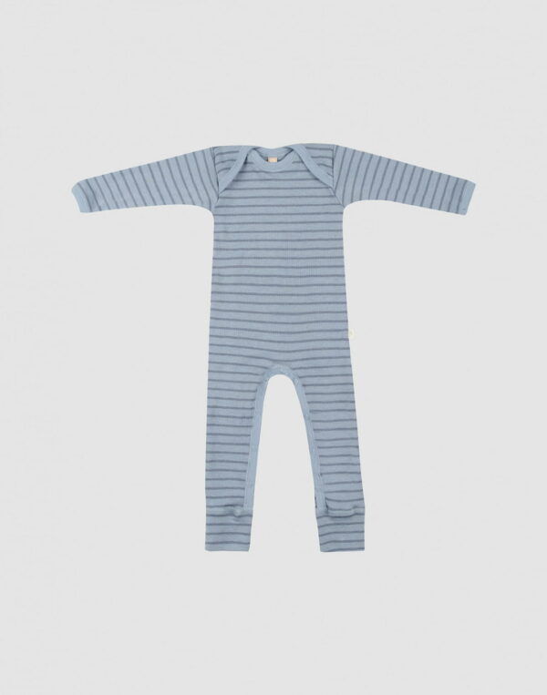 Salopetă – pijama overall blue stripes din lână merinos organică pentru bebeluși Dilling