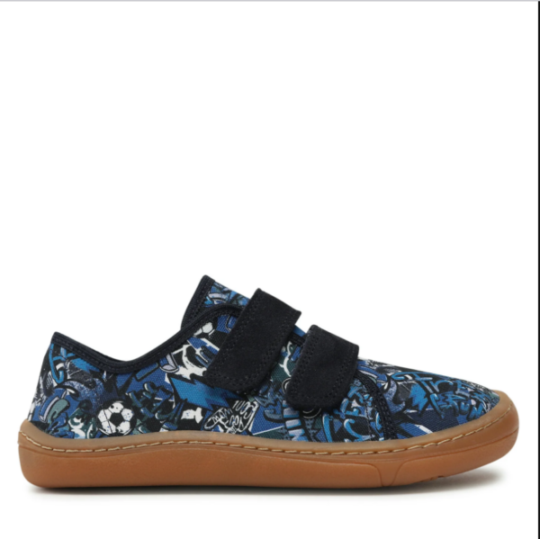 Pantofi barefoot din material textil și piele cu velcro şi talpă extra flexibilă blue Froddo