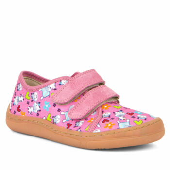 Pantofi barefoot din material textil și piele cu velcro şi talpă extra flexibilă Pink Froddo