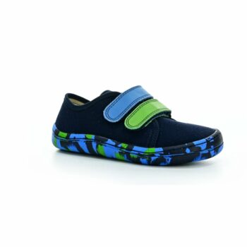 Pantofi barefoot din material textil și piele cu velcro şi talpă extra flexibilă Blue Camo Froddo