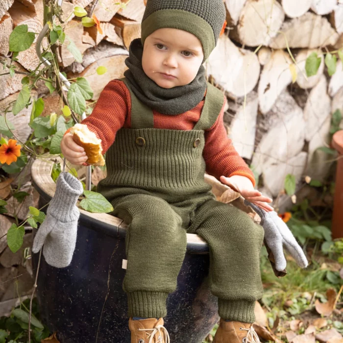 Pantaloni salopetă din lână merinos Olive Disana 2