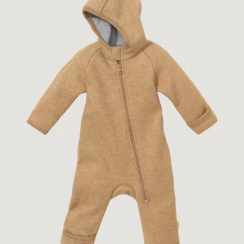 Salopetă copii din lână merinos fiartă cu mănuși și botoși Caramel Disana