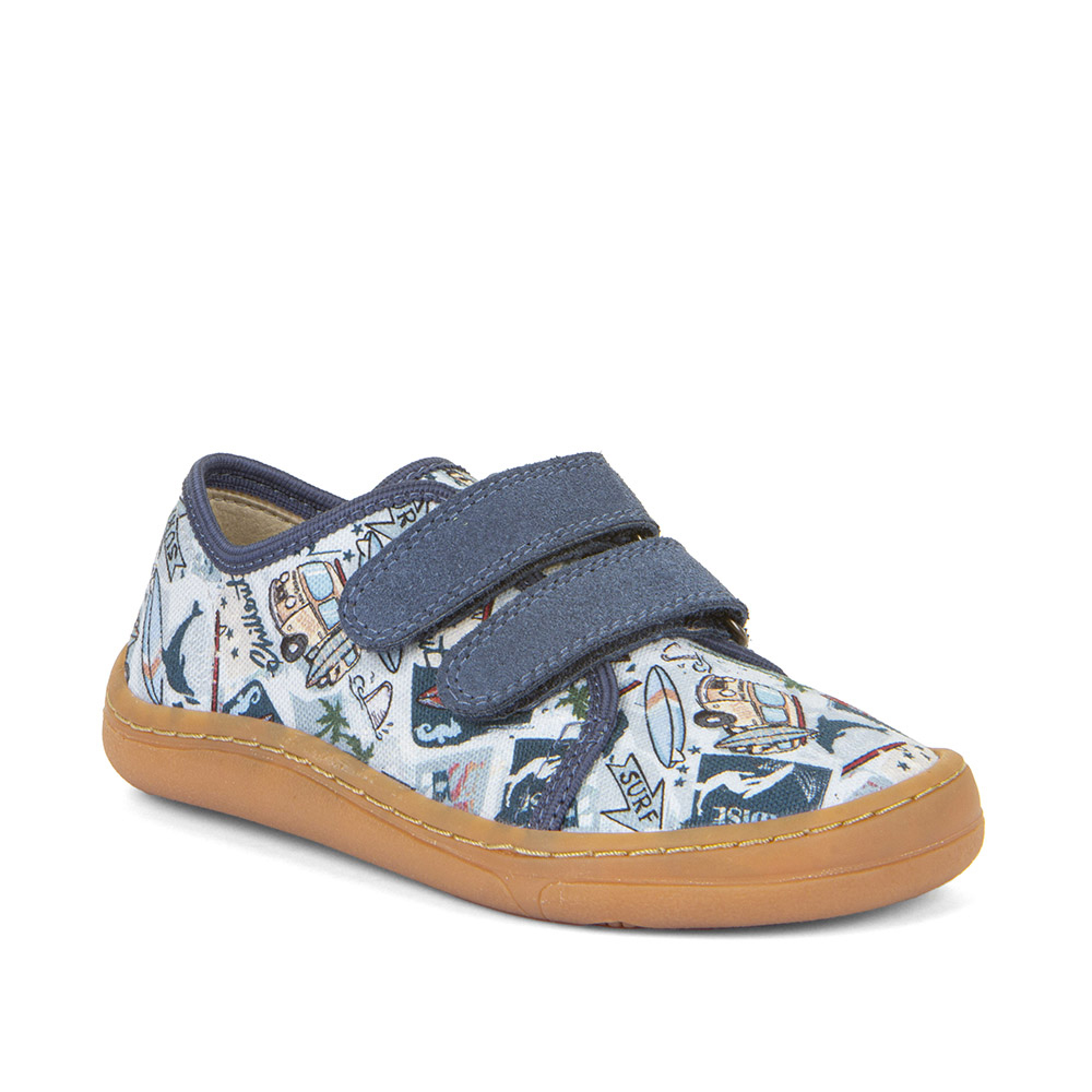 Pantofi barefoot din material textil și piele cu velcro şi talpă extra flexibilă Light Blue Froddo